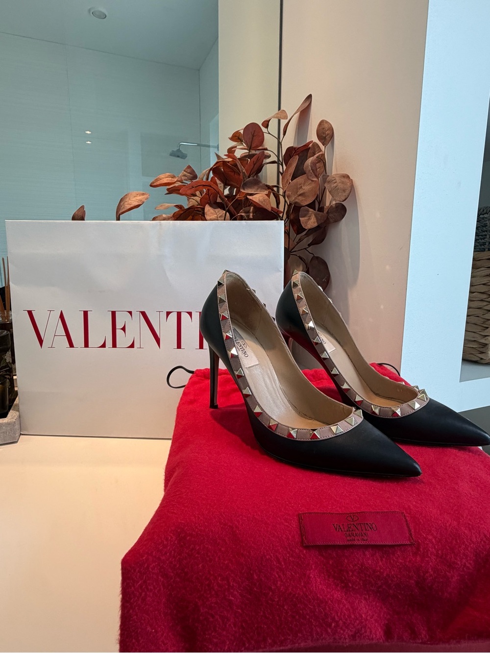 Valentino Black Leather Rockstud Pointed-Toe Pumps